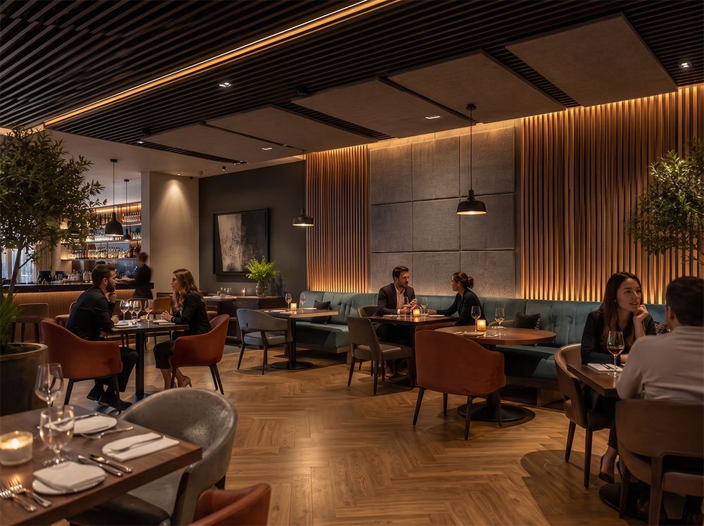 Restaurant acoustic panels improve sound quality and create a comfortable dining environment.
