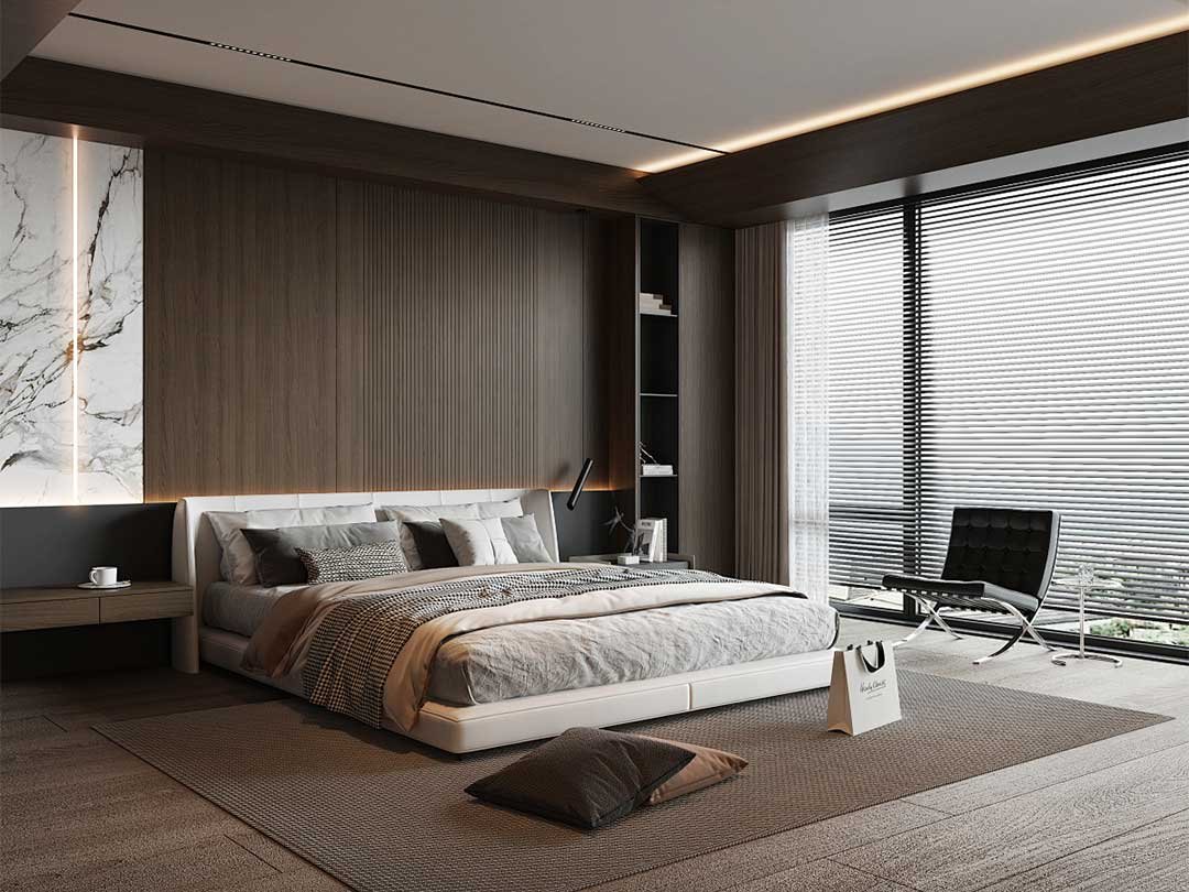 WPC wall panels creating a stylish bedroom feature wall
